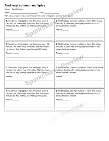 Find least common multiples — Guided Practice — Grade 6 worksheet preview