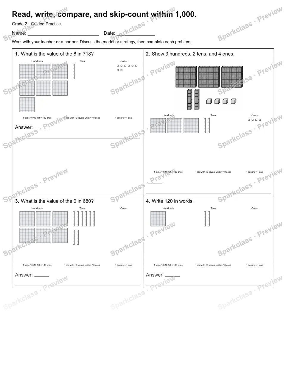 Read, write, compare, and skip-count within 1,000. — Guided Practice — page 1