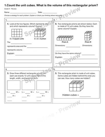 1.Count the unit cubes. What is the volume of this rectangular prism? — Review — Grade 5 worksheet preview