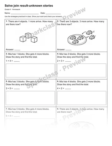 Solve join result-unknown stories — Homework — Kindergarten worksheet preview