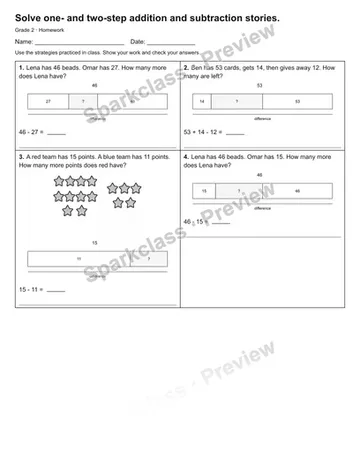 Solve one- and two-step addition and subtraction stories. — Homework — Grade 2 worksheet preview