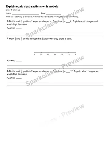 Explain equivalent fractions with models — Warm-up — Grade 4 worksheet preview