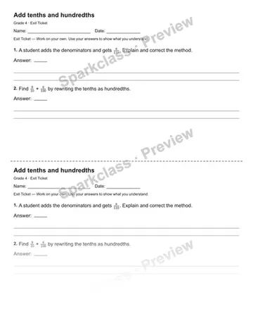 Add tenths and hundredths — Exit Ticket — Grade 4 worksheet preview