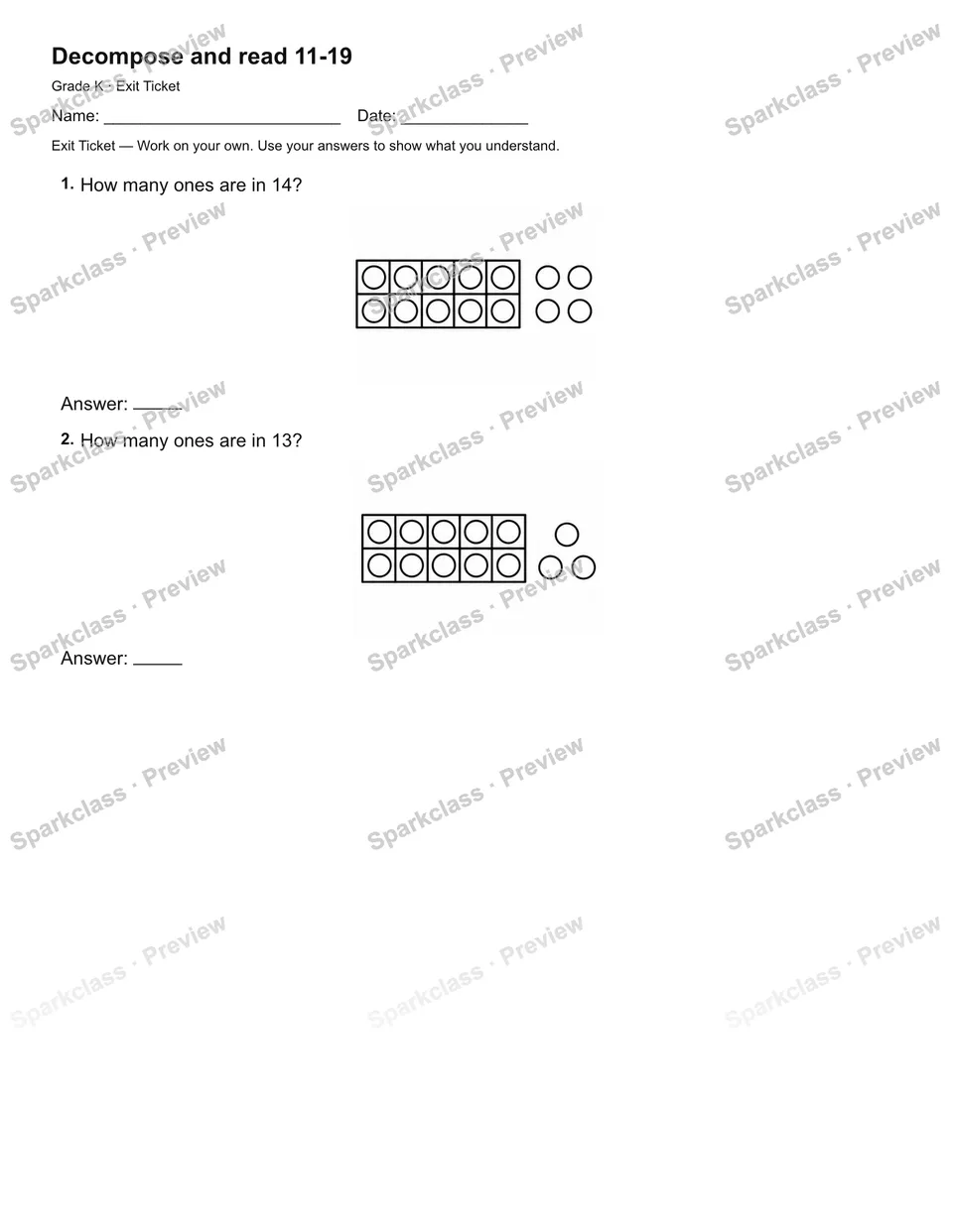 Decompose and read 11-19 — Exit Ticket — page 2
