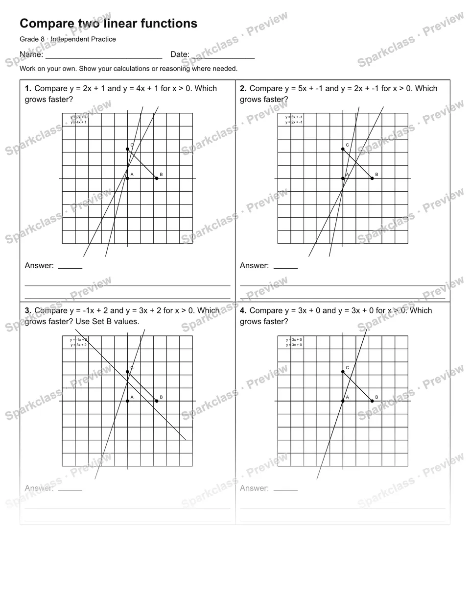 Compare two linear functions — Independent Practice — page 1