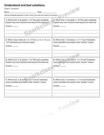 Understand and test solutions — Homework — Grade 6 worksheet preview
