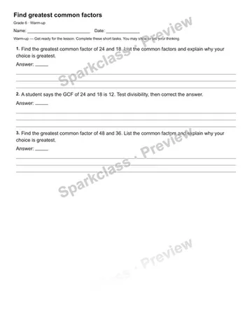 Find greatest common factors — Warm-up — Grade 6 worksheet preview