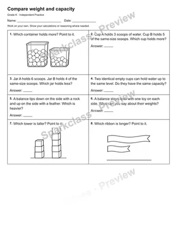 Compare weight and capacity — Independent Practice — Kindergarten worksheet preview