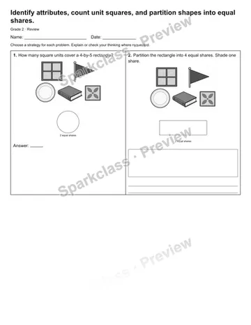 Identify attributes, count unit squares, and partition shapes into equal shares. — Review — Grade 2 worksheet preview