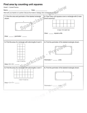Find area by counting unit squares — Guided Practice — Grade 3 worksheet preview