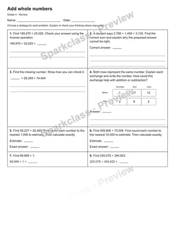 Add whole numbers — Review — Grade 4 worksheet preview