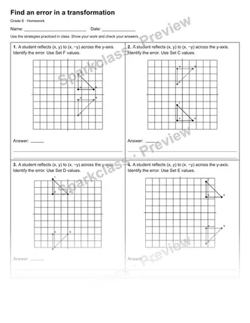 Find an error in a transformation — Homework — Grade 8 worksheet preview
