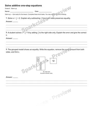 Solve additive one-step equations — Warm-up — Grade 6 worksheet preview