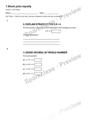 1.Share juice equally — Exit Ticket — Grade 5 worksheet preview