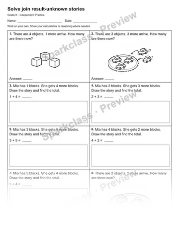 Solve join result-unknown stories — Independent Practice — Kindergarten worksheet preview