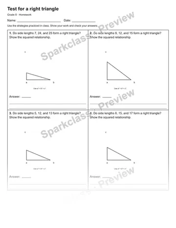 Test for a right triangle — Homework — Grade 8 worksheet preview
