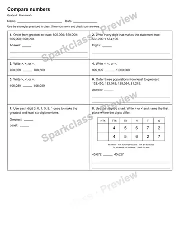 Compare numbers — Homework — Grade 4 worksheet preview