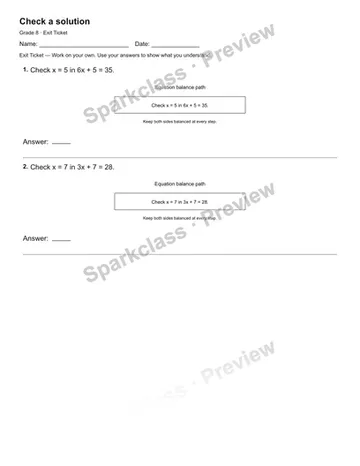 Check a solution — Exit Ticket — Grade 8 worksheet preview