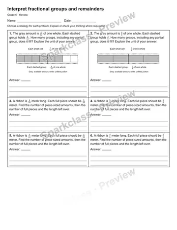 Interpret fractional groups and remainders — Review — Grade 6 worksheet preview