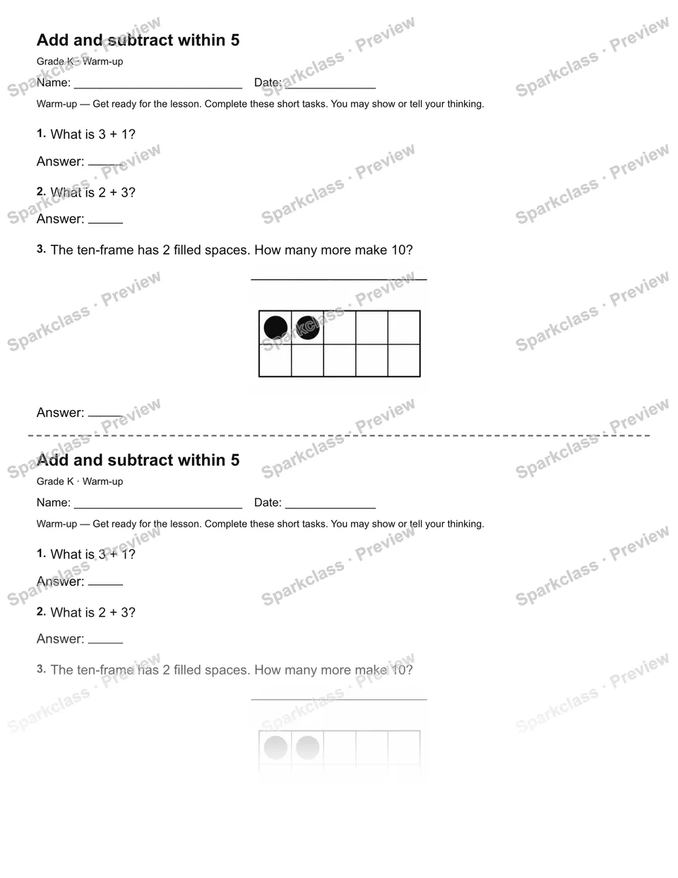 Add and subtract within 5 — Warm-up — page 1
