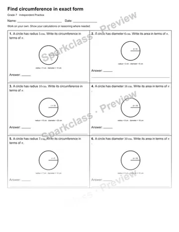 Find circumference in exact form — Independent Practice — Grade 7 worksheet preview