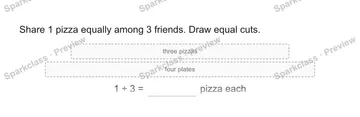 Share 1 pizza equally among 3 friends. Draw equal cuts. three pizzas four plates 1 ÷ 3 = pizza each — Grade 5 problem preview