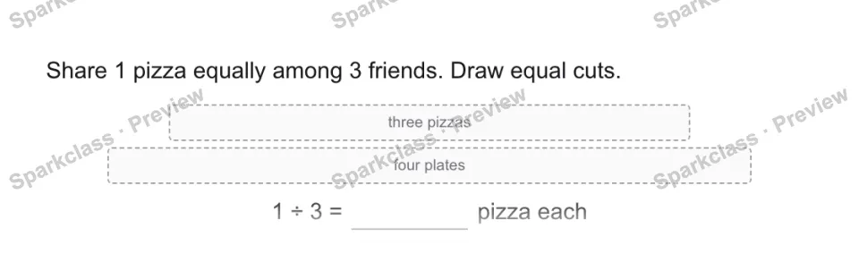 Share 1 pizza equally among 3 friends. Draw equal cuts. three pizzas four plates 1 ÷ 3 = pizza each — page 1