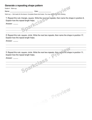 Generate a repeating shape pattern — Warm-up — Grade 4 worksheet preview