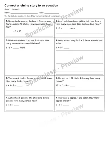 Connect a joining story to an equation — Homework — Grade 1 worksheet preview
