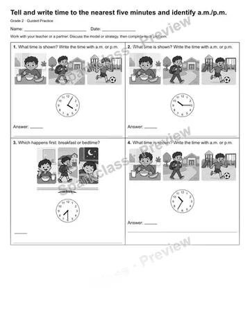 Tell and write time to the nearest five minutes and identify a.m./p.m. — Guided Practice — Grade 2 worksheet preview