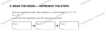 5. DRAW THE MODEL — REPRESENT THE STEPS Draw an operation path, tape diagram, or area model for: 5 × [7 + (3 − 1)] Label the first operation and the second operation. First: ➔ Next — Grade 5 problem preview