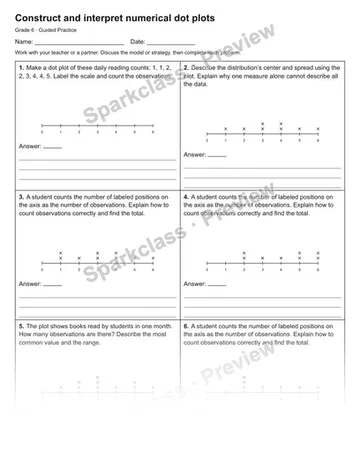 Construct and interpret numerical dot plots — Guided Practice — Grade 6 worksheet preview