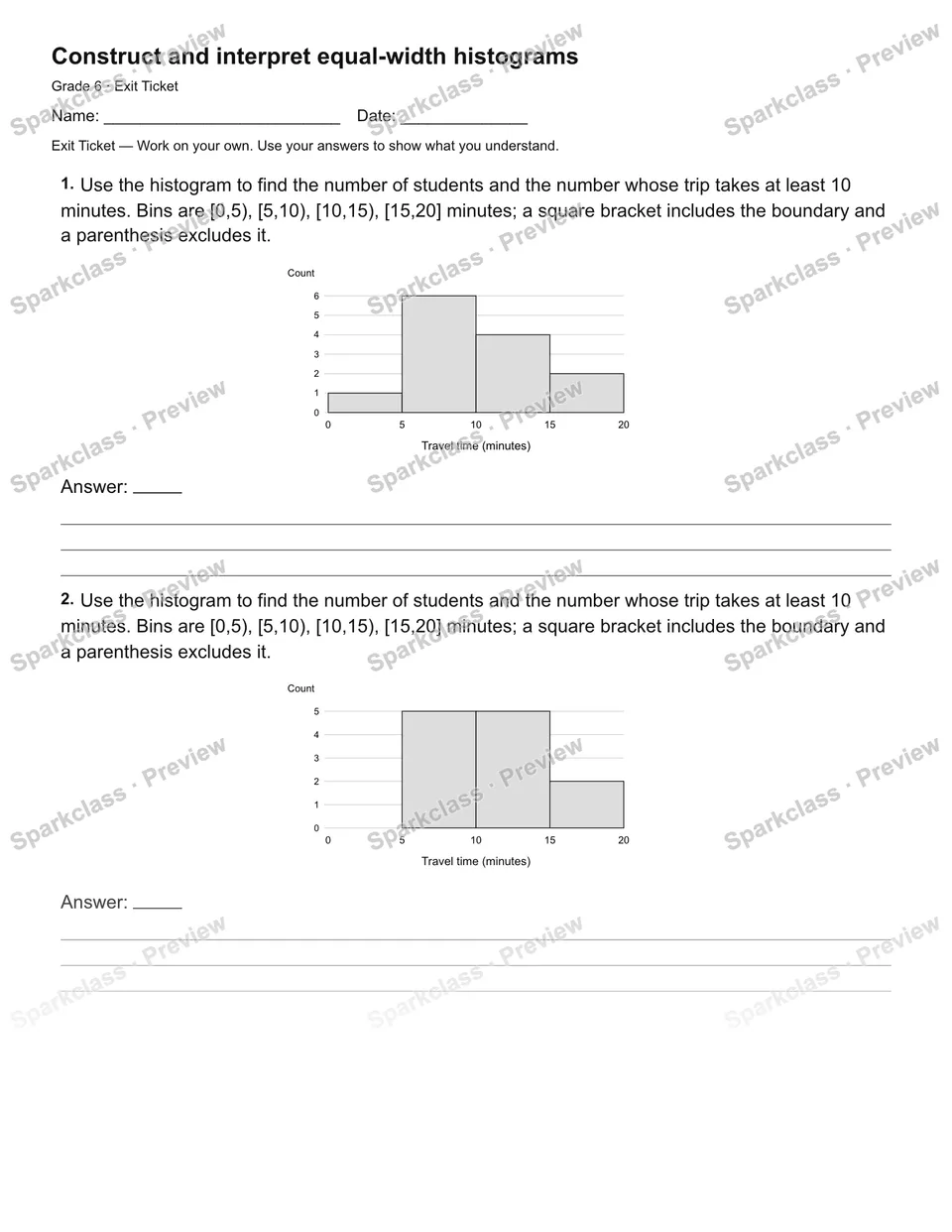 Construct and interpret equal-width histograms — Exit Ticket — page 1