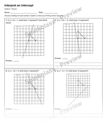 Interpret an intercept — Review — Grade 8 worksheet preview