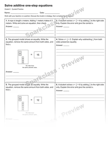 Solve additive one-step equations — Guided Practice — Grade 6 worksheet preview