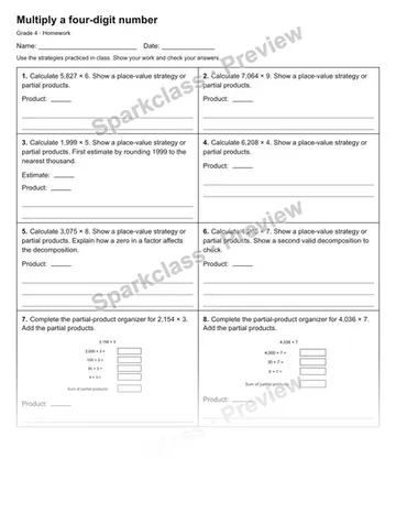 Multiply a four-digit number — Homework — Grade 4 worksheet preview