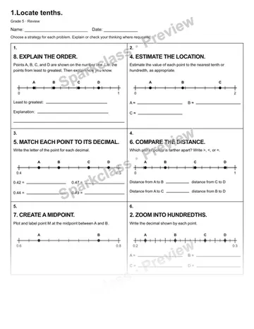 1.Locate tenths. — Review — Grade 5 worksheet preview