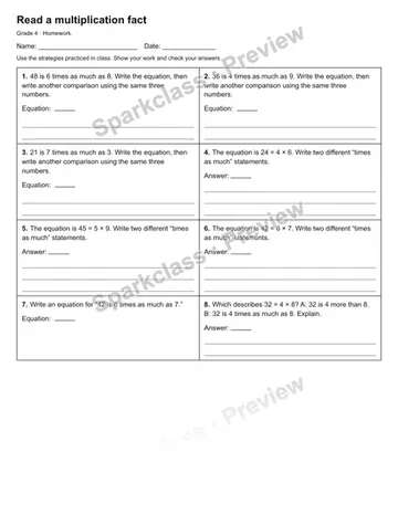 Read a multiplication fact — Homework — Grade 4 worksheet preview