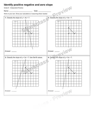 Identify positive negative and zero slope — Independent Practice — Grade 8 worksheet preview