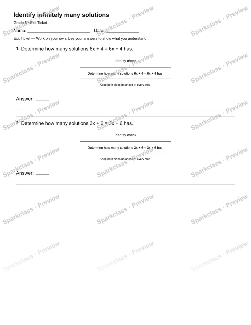 Identify infinitely many solutions — Exit Ticket — page 2