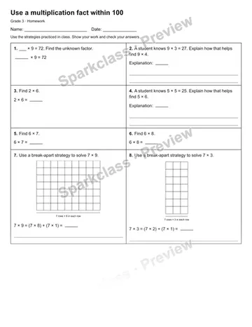 Use a multiplication fact within 100 — Homework — Grade 3 worksheet preview