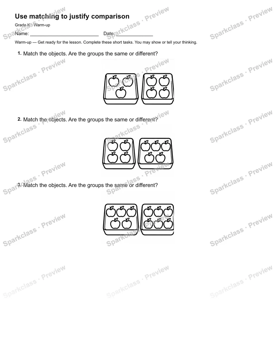 Use matching to justify comparison — Warm-up — page 1