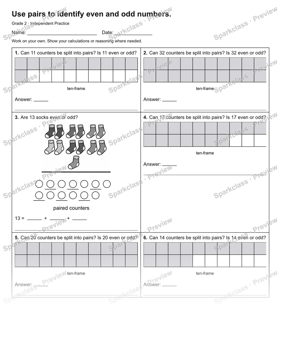 Use pairs to identify even and odd numbers. — Independent Practice — page 1