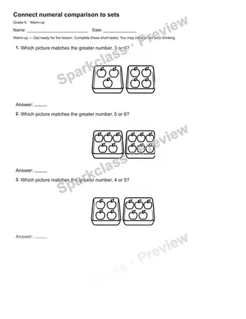 Connect numeral comparison to sets — Warm-up — Kindergarten worksheet preview