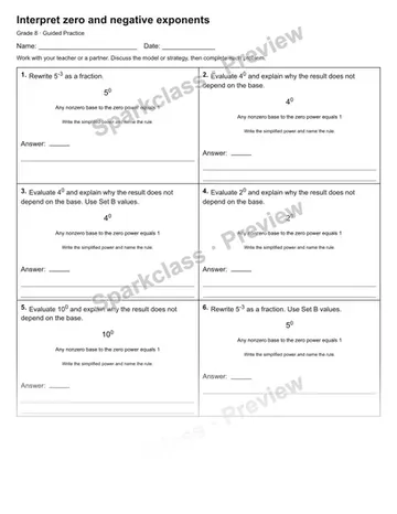Interpret zero and negative exponents — Guided Practice — Grade 8 worksheet preview