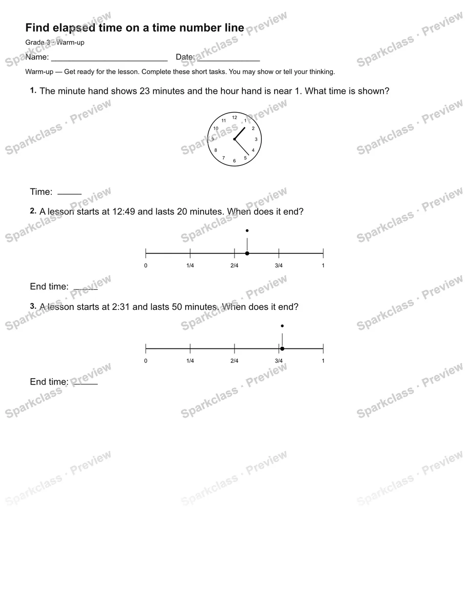 Find elapsed time on a time number line — Warm-up — page 1