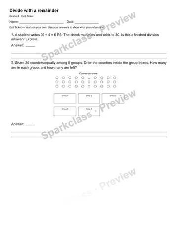Divide with a remainder — Exit Ticket — Grade 4 worksheet preview