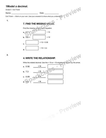 1Model a decimal. — Exit Ticket — Grade 5 worksheet preview