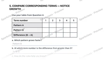 5. COMPARE CORRESPONDING TERMS — NOTICE GROWTH Use your table from Question 4. Term number 1 2 3 4 5 Pattern A Pattern B Difference (B − A) a. Which pattern grows faster? b. At whi — Grade 5 problem preview