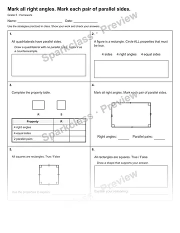 Mark all right angles. Mark each pair of parallel sides. — Homework — Grade 5 worksheet preview